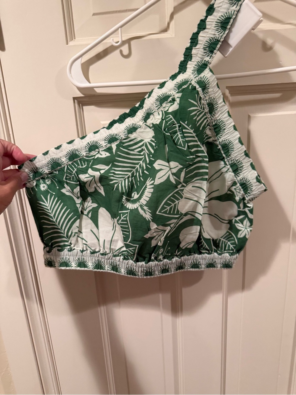NWO T FARM RIO Macaw Elegance Green Tropical Floral One Shoulder Crop Top XS